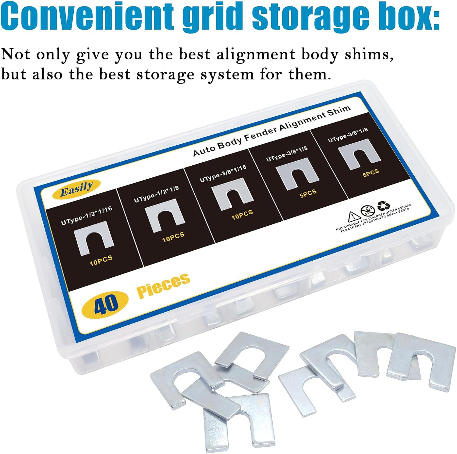 40 PCS Auto Body Fender Alignment Shim 1/16" & 1/8" Thick- 3/8" & 1/2" Slot Automotive Alignment Shim Assortment Kit