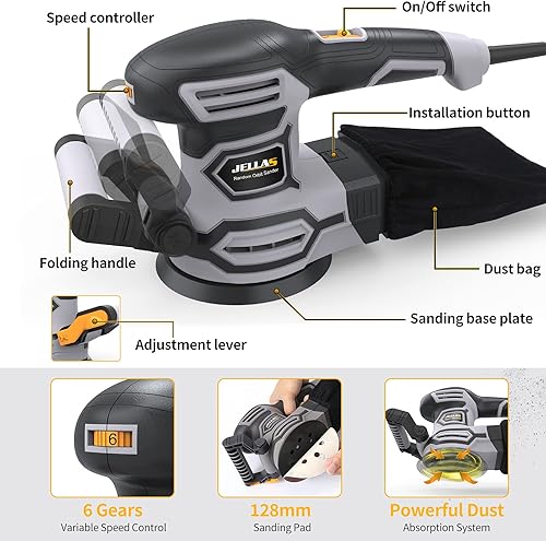 Miniatura 2 de Lijadora orbital de 3.8 A (450 W), lijadora orbital aleatoria Jellas de 6 velocidades variables de doble mango, lijadora eléctrica de 5 pulgadas con