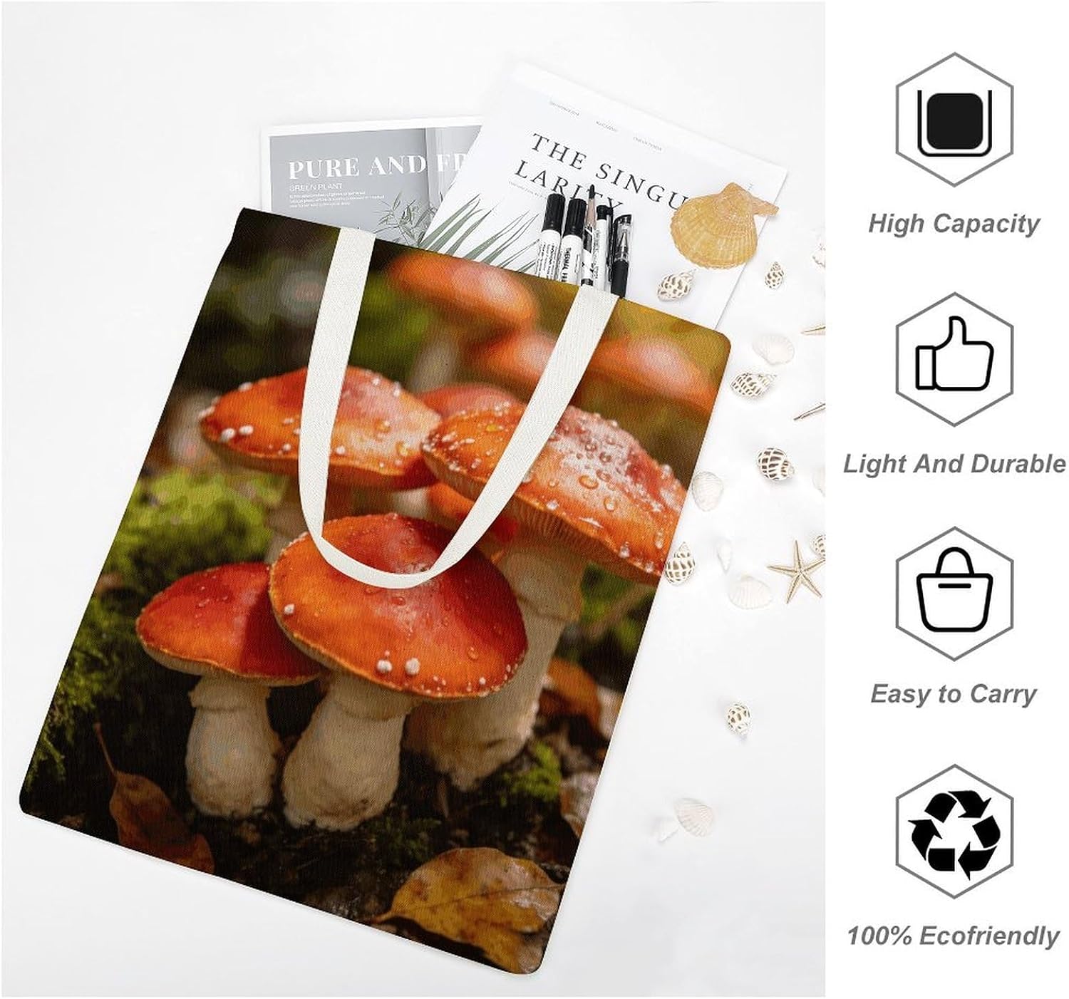 Happy Mushroom Canvas Tote Bag Reusable Grocery Bags Foldable Soft Cotton Shoulder Carry Bag
