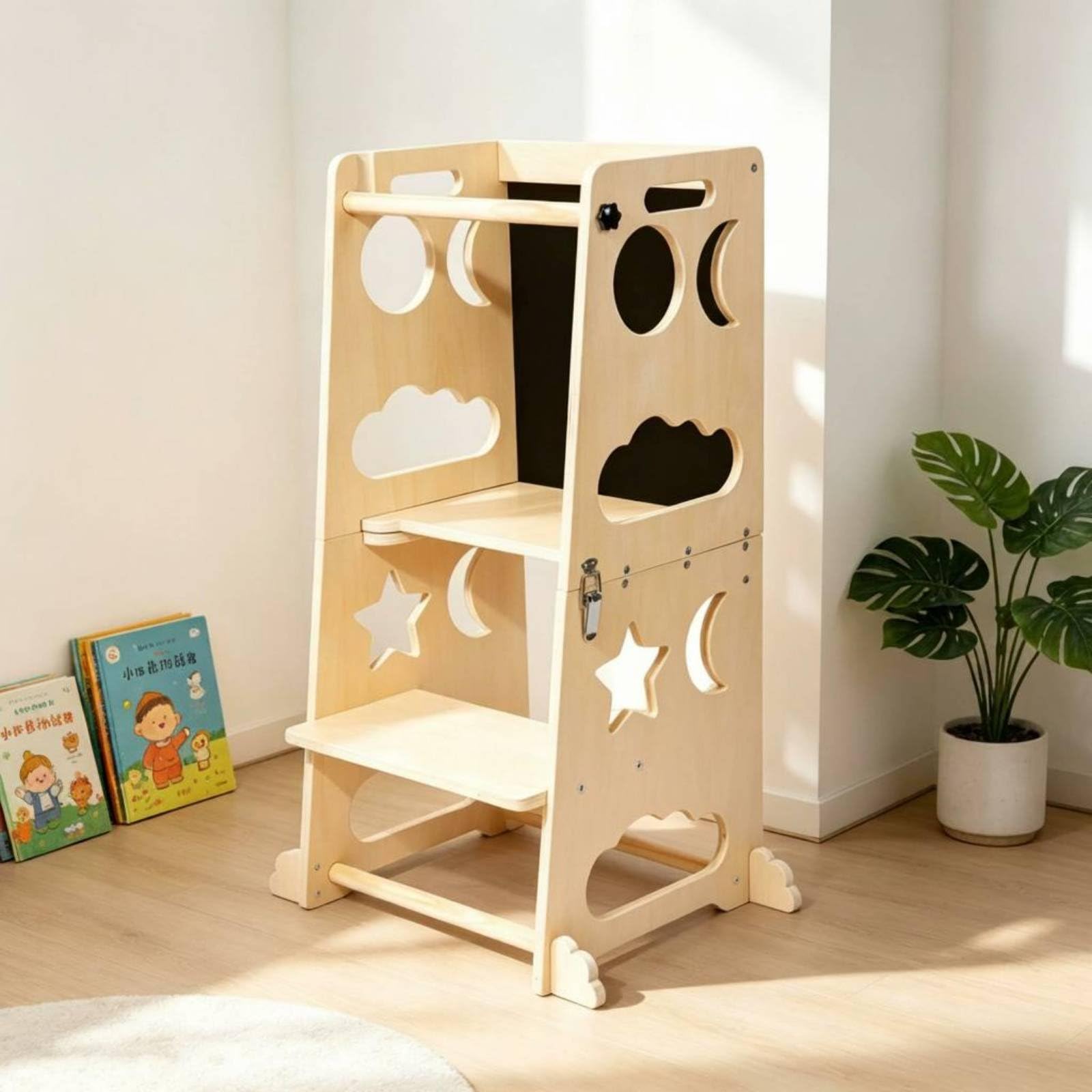 harayaa Taburete Infantil Plegable Taburete Escalón de Aprendizaje Torre de Aprendizaje Asistente de Cocina Diseño Plegable para Ahorrar Espacio y Bordes, Madera Natural