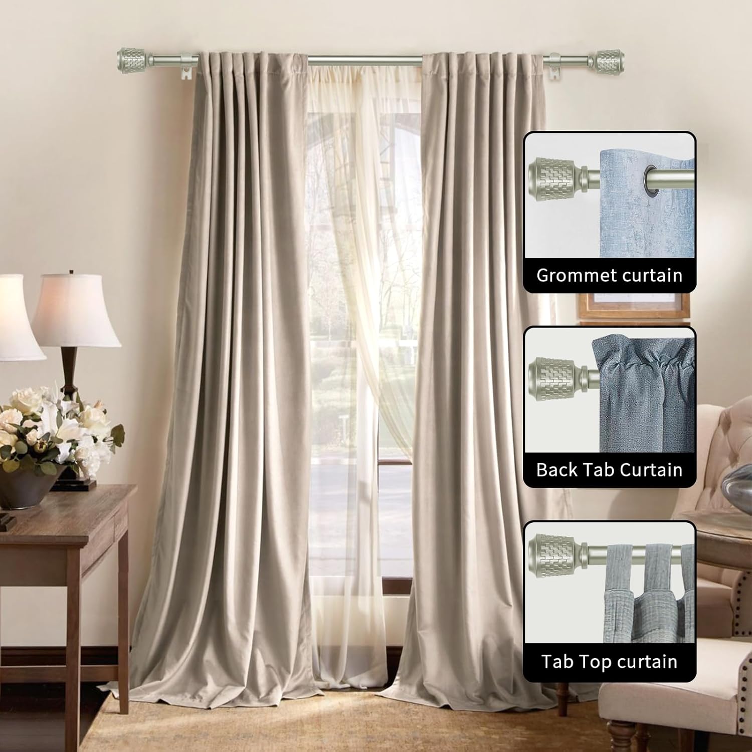 5/8" Double Curtain Rod with Vieve Finials (Pewter, 48"-84")