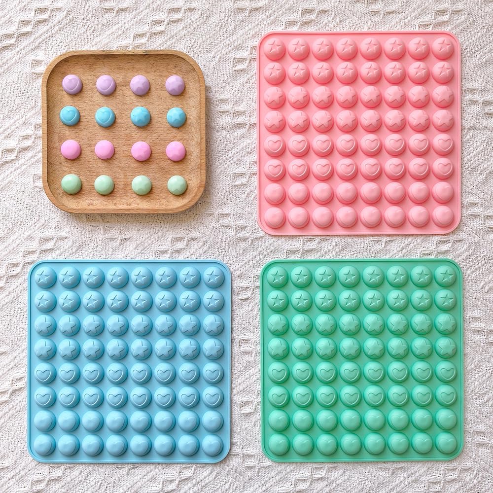 3Pcs Mini Round Silicone Mold,64 Holes Semicircle Mold With Pentagram Heart Pattern Design,Semi Sphere Shaped Mold For Small Half Ball Pellet Chocolate, Gummy Candy, Wax Melts Beads, Ice Balls,Biscuit