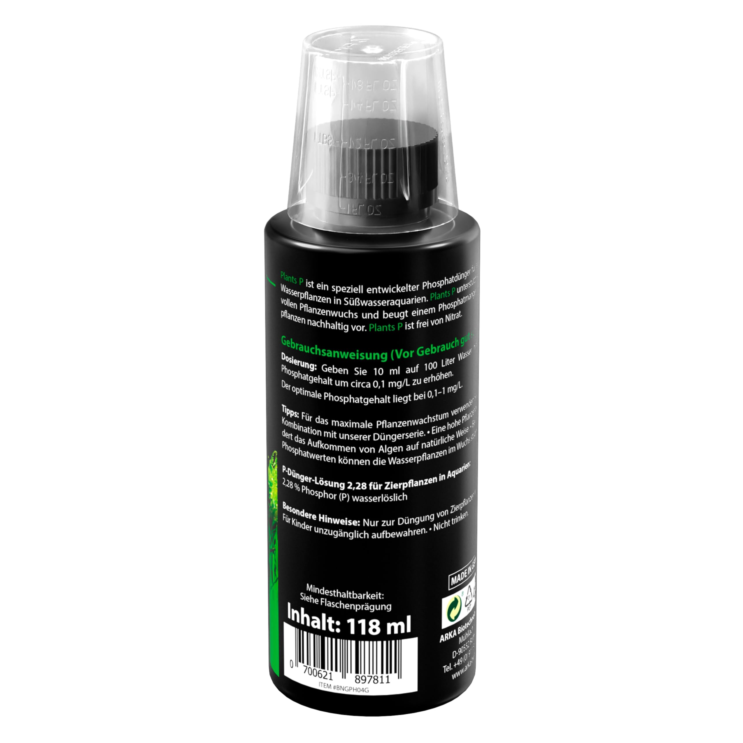 Phosphatdnger Aquarium 118 ml  fr Wasserpflanzen & Aquascaping  gegen  Phosphatmangel, fr krftigen Wuchs  nitratfrei  ARKA Plants P :  Amazon.de: Garten