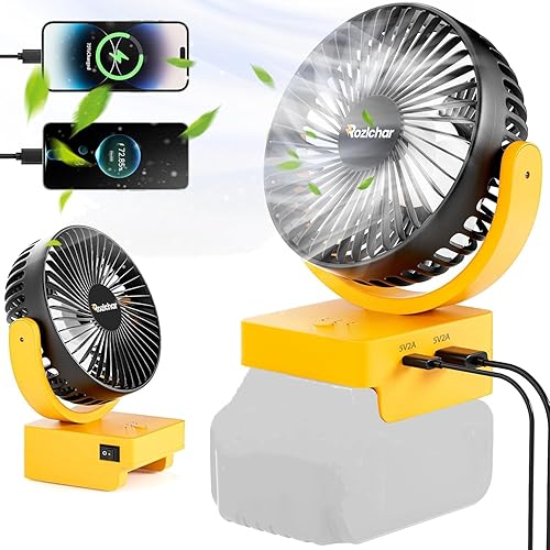Rozlchar Ventilador inalámbrico portátil compatible con batería DeWALT de 18 V 20 V, funciona para DCB182 DCB183 DCB204 DCB206, ventilador de