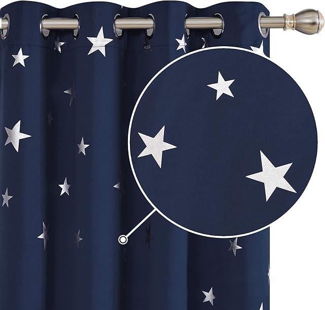 Deconovo Navy Blue Curtains for Living Room Super Soft Thermal Insulated Star Foil Printed Eyelet Blackout Curtains 46 x 54 Inch 2 Panels