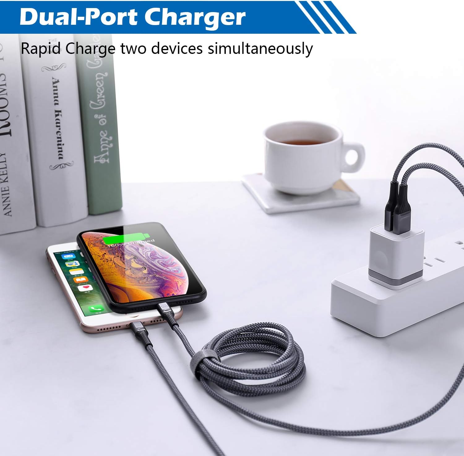 WHIRELEAST iPhone Charger Cable 10 FT with Wall Plug, Braided Long iPhone Charging Cord + Dual USB Wall Charger Block Adapter Compatible with iPhone 12/11/11 Pro Max/XS/XR/X/8/7/6 Plus, iPad (4-Pack)