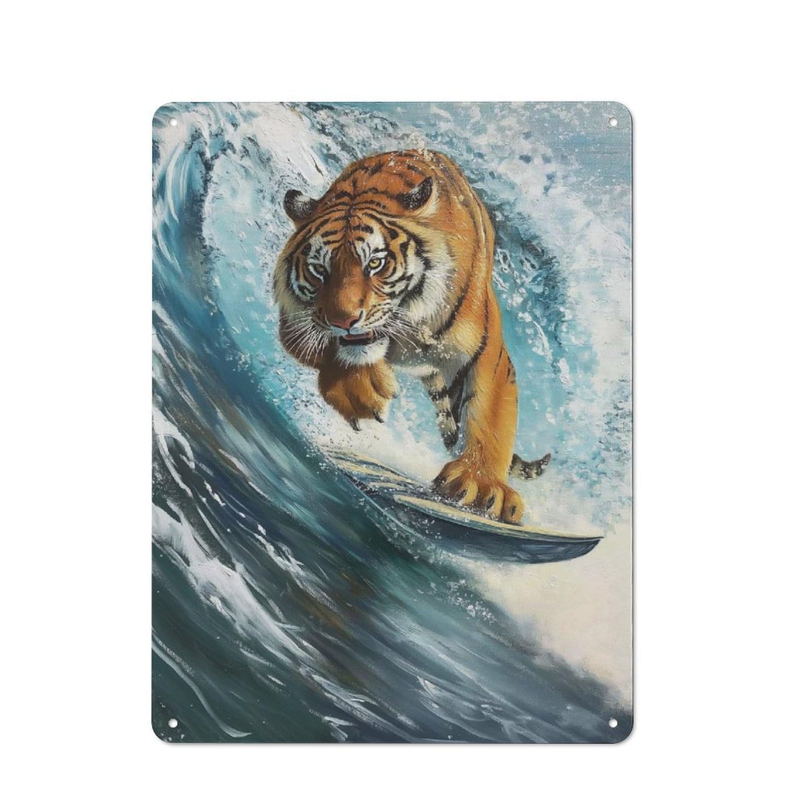 Junmoney Style-19 Surfing Tiger Surfer Wave Country Vintage Metal Wall Decor 40X30cm, Country Metal Sign For Kitchen, Cottage, Porch Or Garden Room