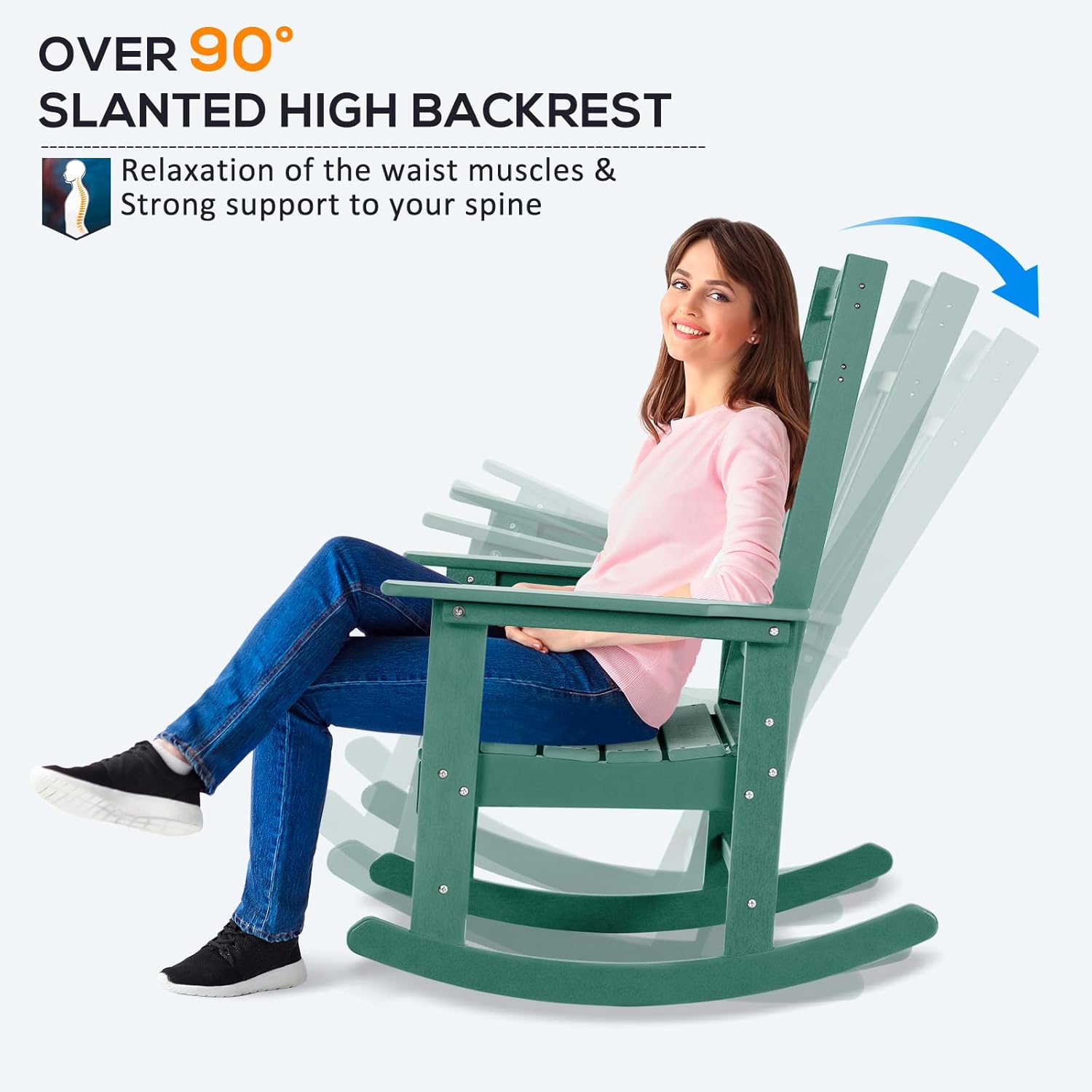 HDPE Outdoor Rocking Chair Set of 2, All Weather Resistant Patio Rocker Chair with 350 lbs Heavy Duty, High Back Oversized Rocking Chair for Adult in Porch, Ergonomic Seat (Green)
