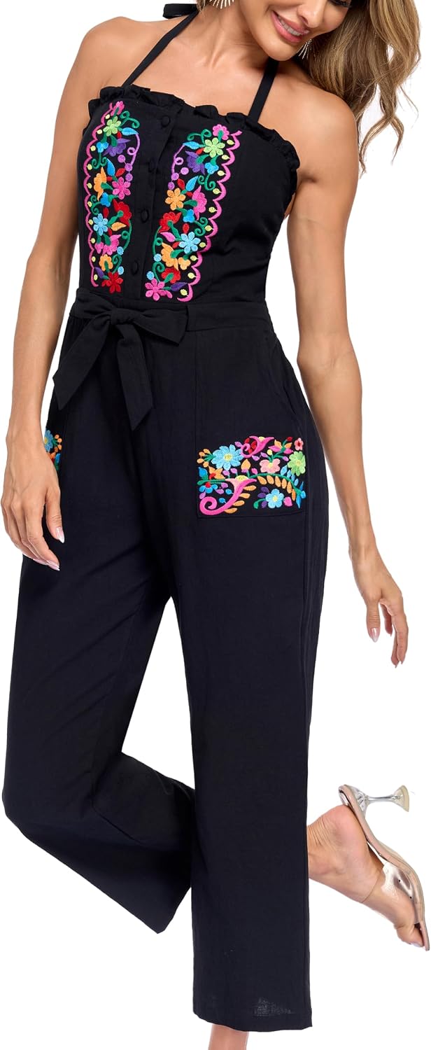Women's Floral Embroidered Jumpsuit Casual Wide Leg Boho Pocket Romper