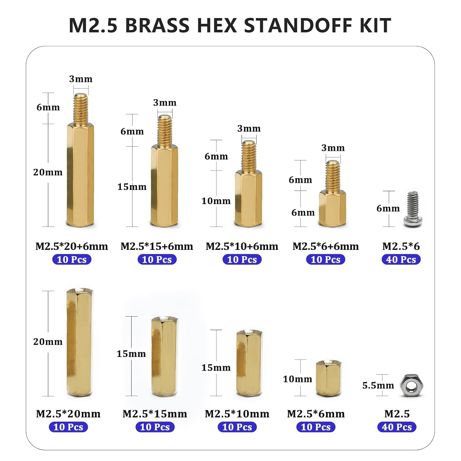 M2.5 Hex Standoff Spacers Nuts Screws Kit,160 Pcs M2.5 Male Female Metric Thread Mount Spacer Screw Nut Bolt Motherboard Spacer Accessories for PCB, Desktop Computers Circuit Board Assortment Kit