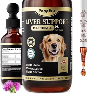 Milk Thistle for Dogs – 9-in-1 Liver and Kidney Support Drops with Artichoke, Resveratrol, Marigold Extract, 100% Natural Detox Supplement for Liver Function, Split Dropper, Bacon Flavor, 2Oz