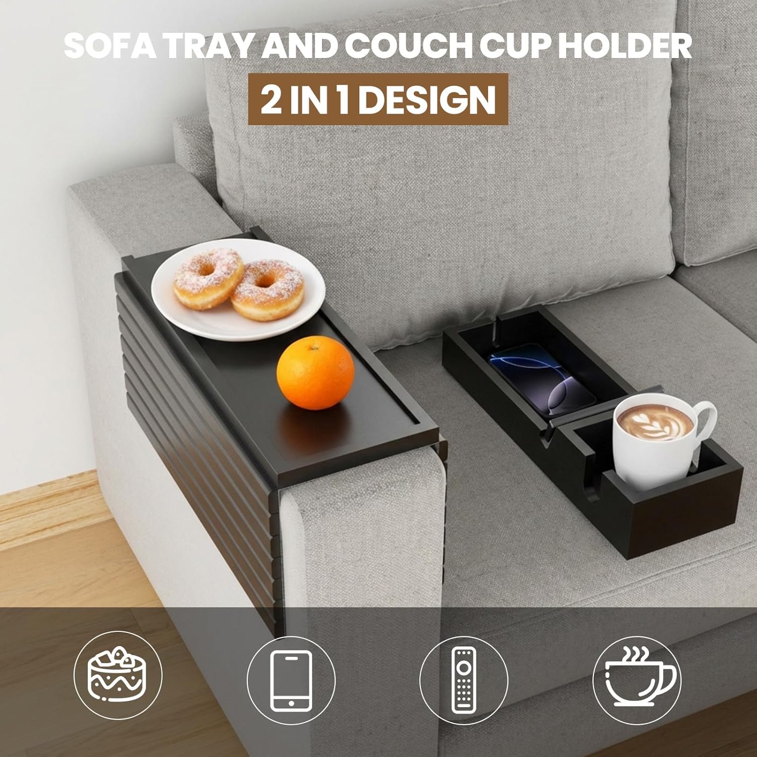 Bamboo Sofa Armrest Tray - Couch Arm Tray with Detachable Couch Cup Holder - 2 in 1 Anti-Slip Foldable Sofa Armchair Caddy Table - Cup Holder for Drinks Cellphone Snacks, Remote