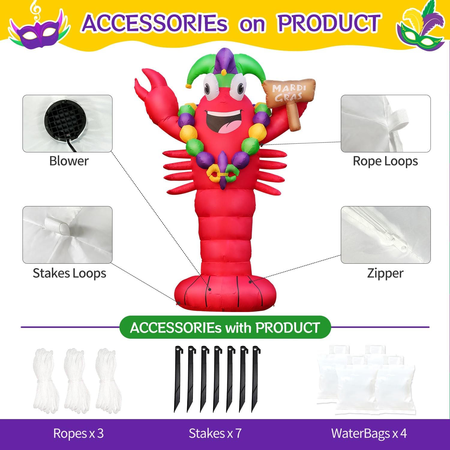 DomKom 12FT Mardi Gras Inflatable Lobster Crawfish, Carnival Giant Jumbo Crayfish with Beads Jester Hat and Fleur De Lis Blow up Yard Decoration, Outdoor Built-in LED Lights Lawn Holiday Decor Outside