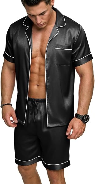 Ekouaer Mens Silk Satin Pajamas Set, Short Sleeve Sleepwear Lightweight Button Up Lounge Pjs Set with Pockets S-4XL - 1