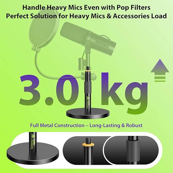 AA AUDIO ACCESSORY Short Mic Stand Desk, Ultra Low 12.7cm Adjustable, 3kg Load Capacity, Fit Tall&Heavy Mic, All-Metal Desktop Microphone Stand for Shure SM7B SM7dB MV7+ Rode PodMic Elgato Yeti Samson