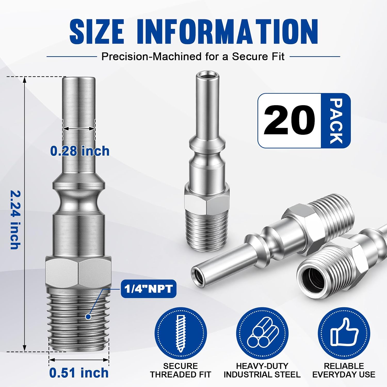 Tudomro 20 Pieces 1/4" MNPT L Style Plug Galvanized Steel Air Hose Fittings Pipe Plugs Silver Pneumatic Tools for Garage Repair Shop Compressor Workshop