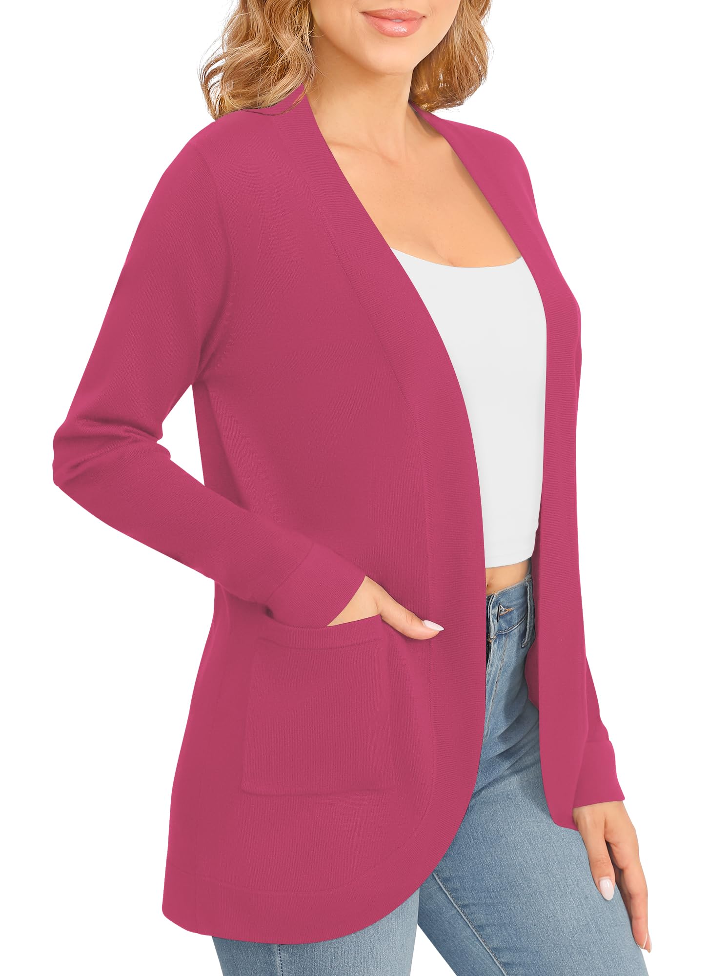EXCHIC Femmes élégant Léger Manches Longues Cardigan Ourlet Incurvé Front Ouvert Jersey Tricot Pulls avec Poches