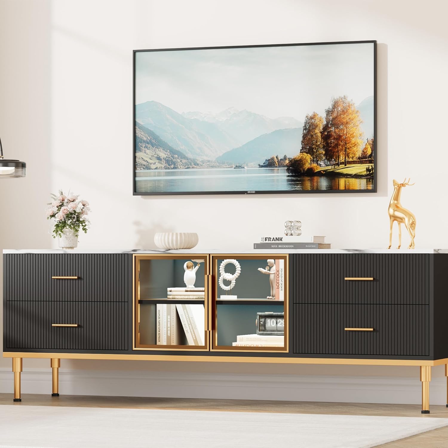 GAOMON 65" TV Stand with LED Lights, Modern Entertainment Center with Storage, Fluted Media Console with Drawers & Glass Doors, Faux Marble Tabletop TV Console for Living Room, Bedroom, Black