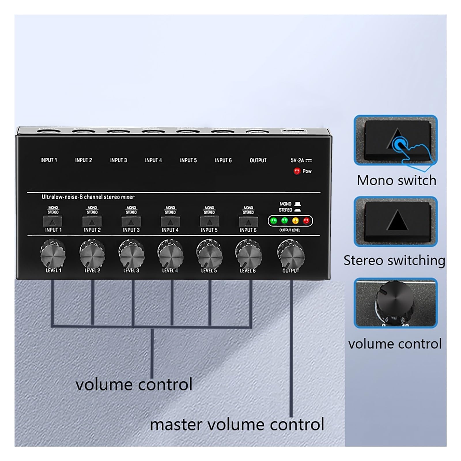 Mixer DJ, 4 6 8 Canali Mini Mixer Audio Stereo Di Linea Portatile A Bassissimo Rumore For La Registrazione Apparecchiature(MX6-Black)