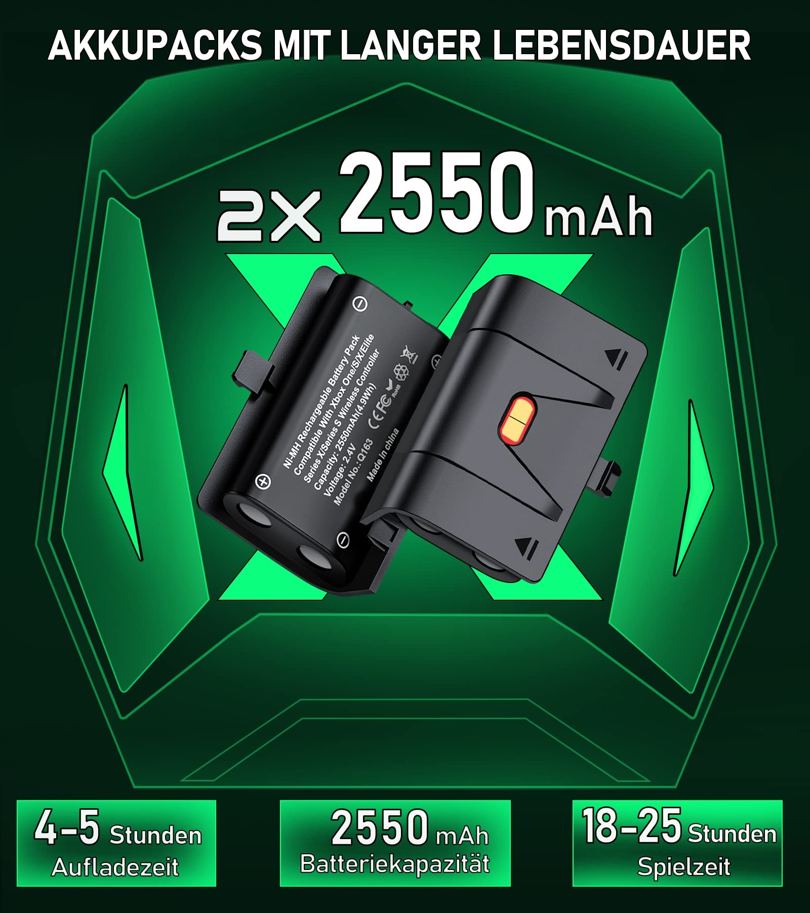 Akku für Xbox/Series x/Xbox One Controller, Xbox Controller Ladestation mit 2 Stück Großer Kapazität 2550mAh Wiederaufladbar Akku für Xbox Series X/S/Xbox One/Xbox One S/X/Elite Controller