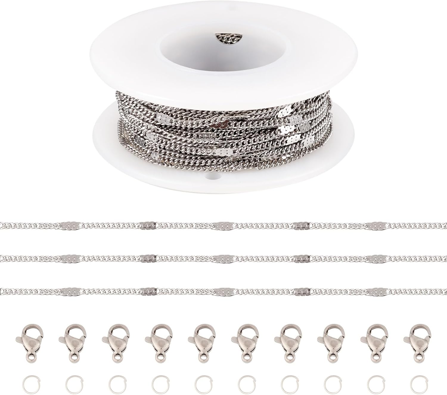 Beadthoven 32.8Ft 1.5-2mm Figaro Jewelry Making Chain with Lobster Clasps Jump Rings Stainless Steel Cable Chains Flat Twisted Link Cuban Chain for Women Men Bracelet Necklace Earrings DIY Crafts