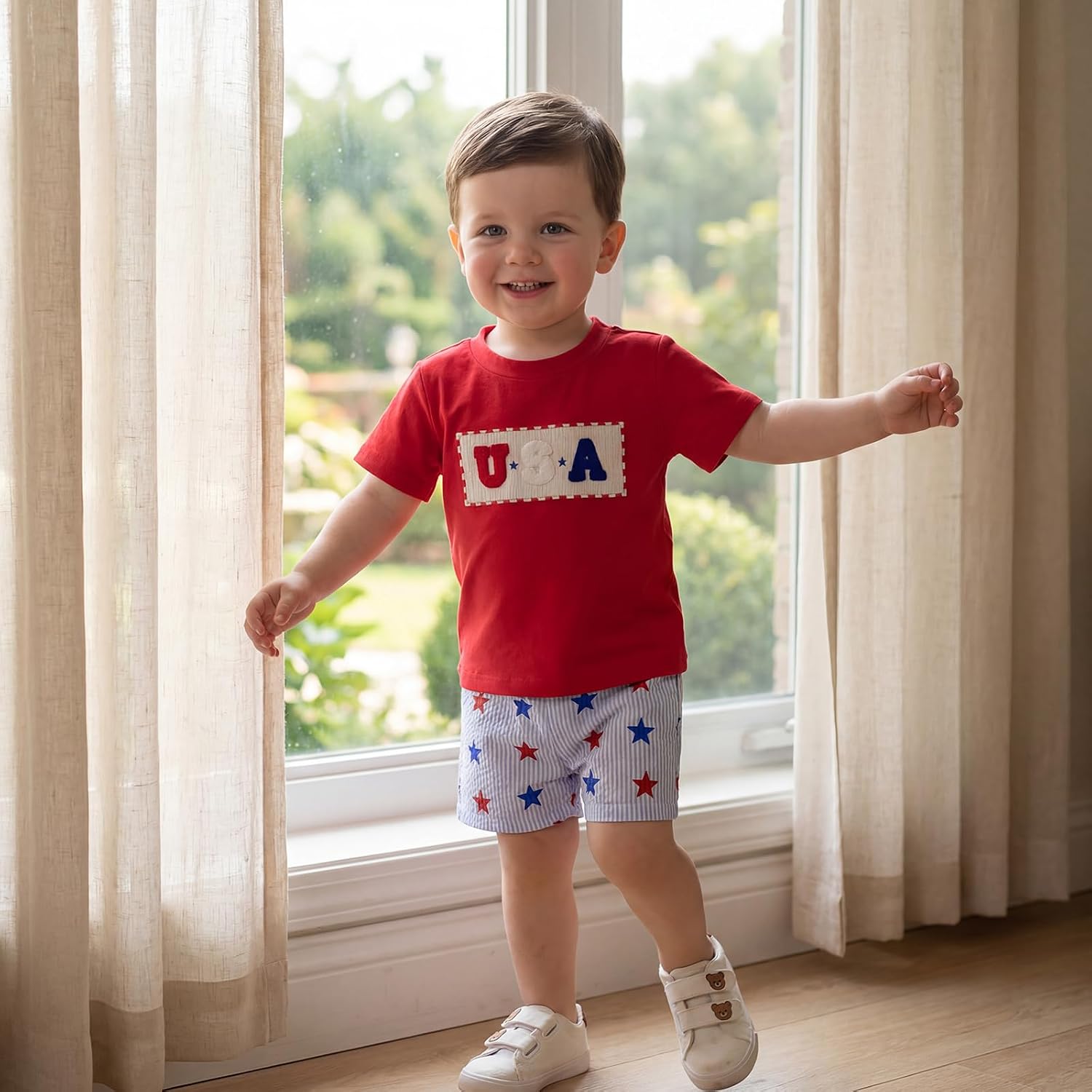Baby Boy 2 Pieces Fourth of July Outfits Short Sleeve Letter Embroidery T-Shirt + Shorts Set