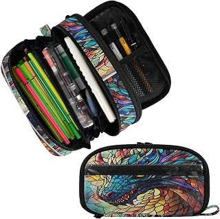 ALAZA Dragon Stained Glass Colorful Print Pencil Case Large Capacity Pencil Pouch Box Clear Zipper Organizer Pen Bag for Boys Girls School Supplies 3 Compartments