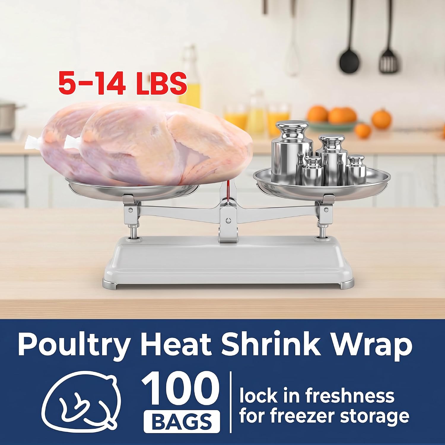 Poultry Shrink Bags Kit, 100 Pack 13 x 18 Inch Chicken Shrink Bags, Meat Shrink Wrap Bags for Freezer, Turkey, Duck, Rabbit, Includes 100 Zip Ties and 2 Silicone Straws