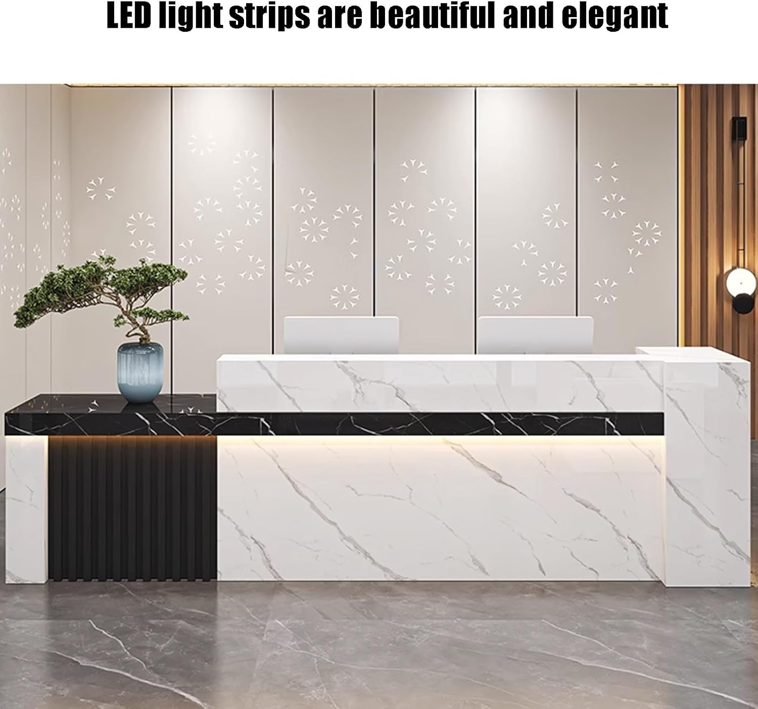 Reception Desk with LED Lights, Front Counter Table for Reception Room, Lobby, Beauty Salon, Retail, Large Front Desk for Store Shop Clinic Office(White+Teak R,120cm/47in)