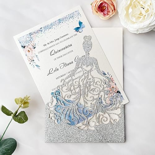 Miniatura 3 de 5.12 x 7.28 pulgadas, 50 piezas de invitaciones personalizadas de quinceañera con purpurina plateada, cortadas con láser, bolsillo hueco de princesa