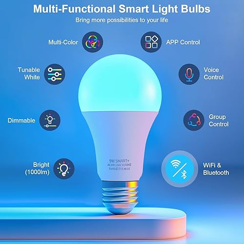 Miniatura 2 de FRIDEKO HOME Paquete de 4 bombillas LED inteligentes Bombillas Wi-Fi y Bluetooth, bombilla que cambia de color compatible con Alexa y Google