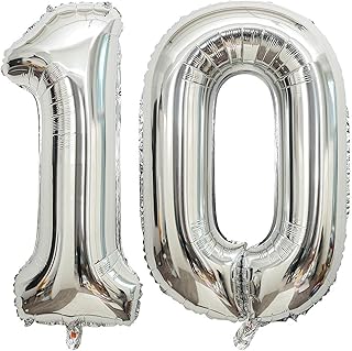 40 Inch Silver 10 Number Balloons Giant Jumbo Huge 10 Foil Mylar Helium Number Digital Balloons Silver Birthday Mylar Digital Balloons 10th Birthday Anniversary Events Party Decorations Supplies