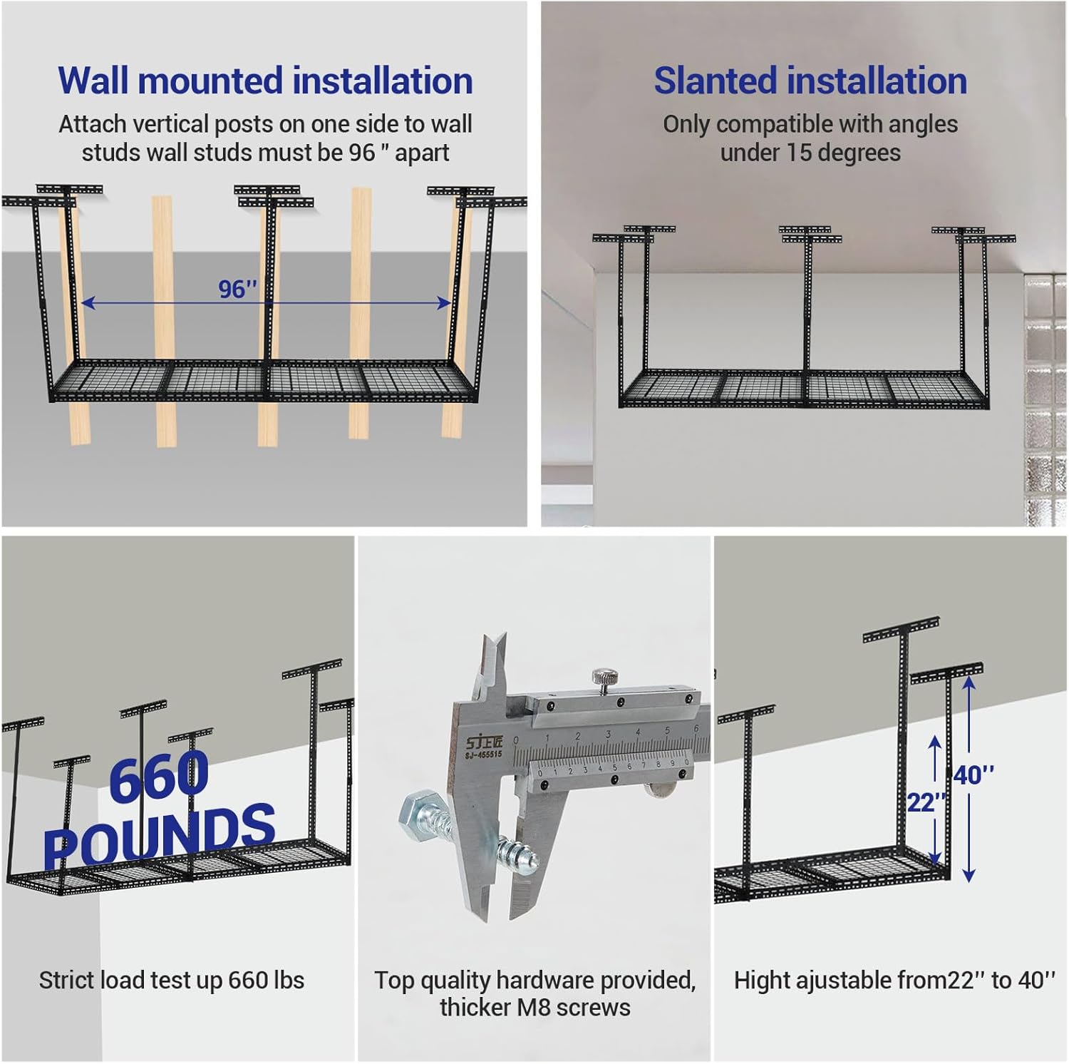 Garvee 4x6 ft Overhead Garage Storage Rack, Height Adjustable Garage Storage Organization Systerm, Metal Garage Ceiling Storage Racks with 660 LBS Weight Capacity, 6 Vertical Post（Black）