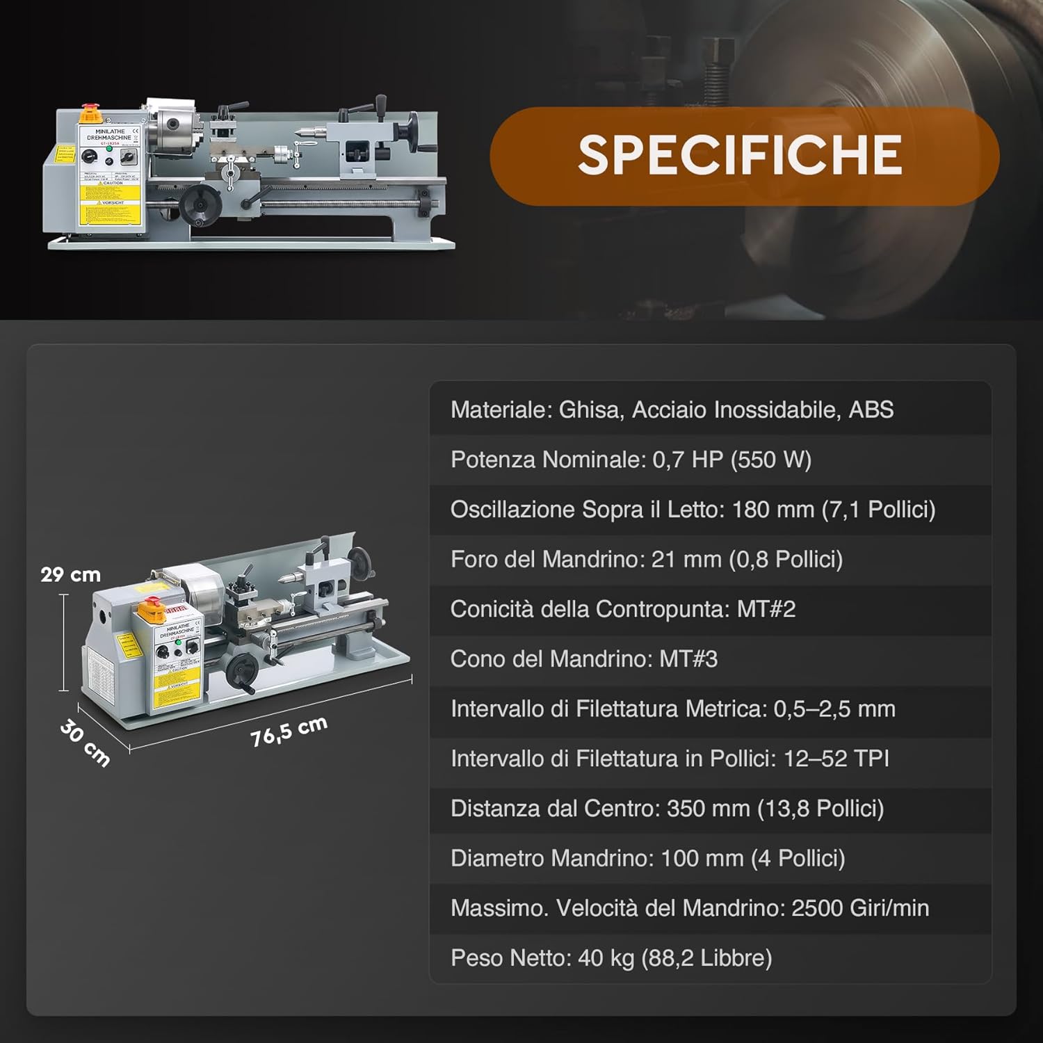 Diagram showing key dimensions and specifications of the CREWORKS Metal Lathe