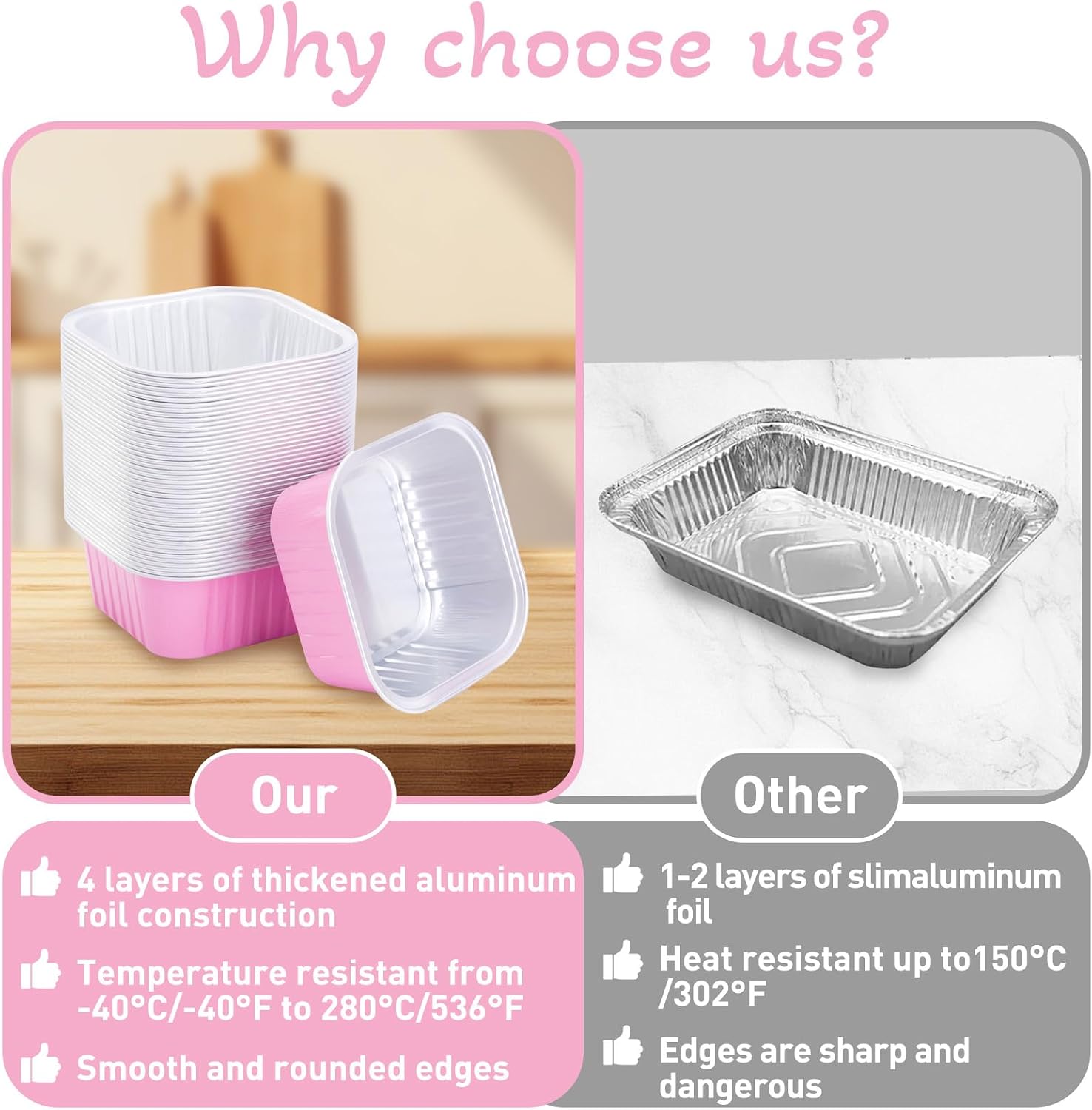 WRWRENYZK 100 Pcs Square Aluminium Foil Baking Cups, Mini Cake Pans with Lids and Sporks, 5 oz Disposable Cake Pans for Party Wedding Birthday (Pink)