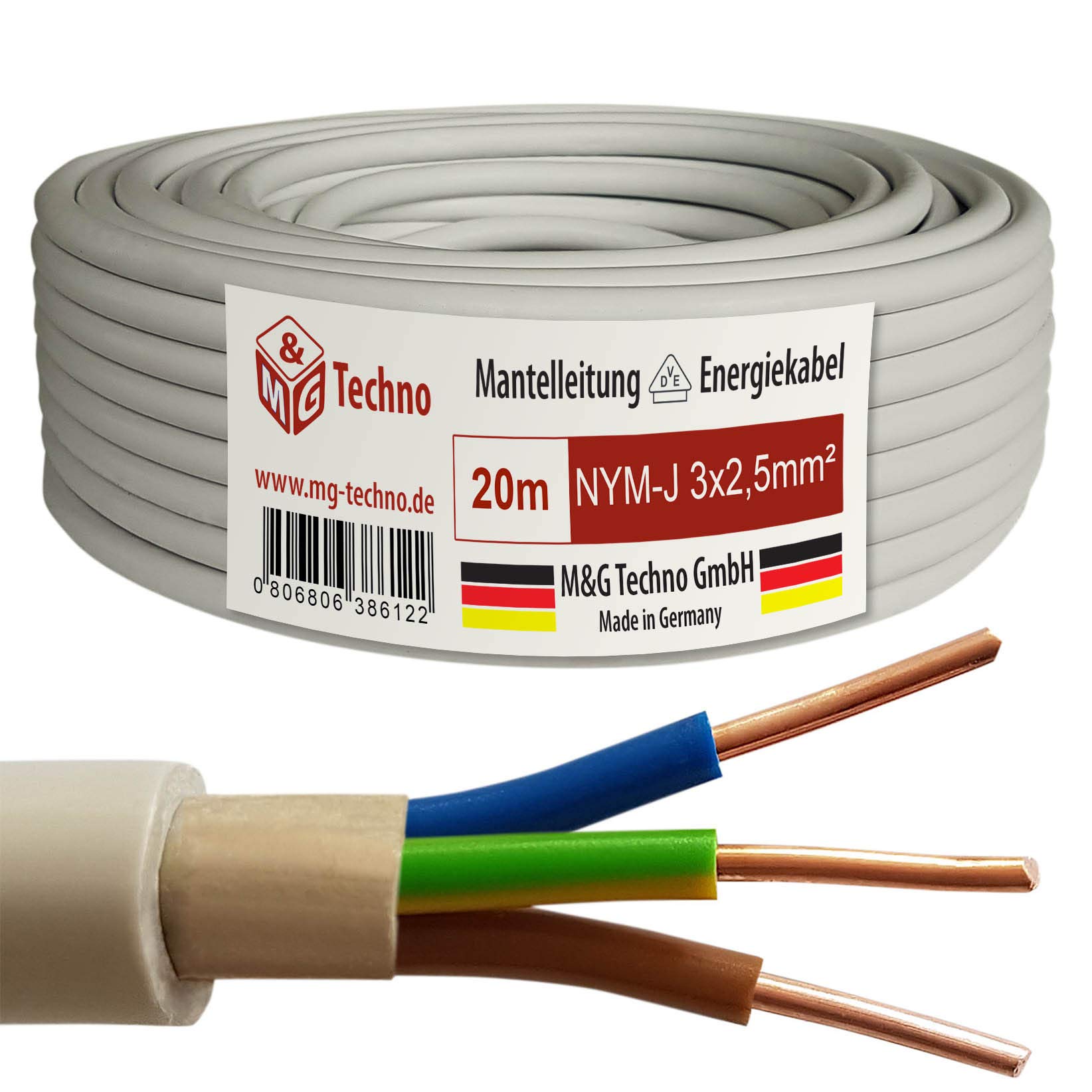 M&G Techno 20m NYM-J 3x2,5 mmІ Mantelleitung Feuchtraumkabel Elektrokabel Kupfer Made in Germany, grau, 10386