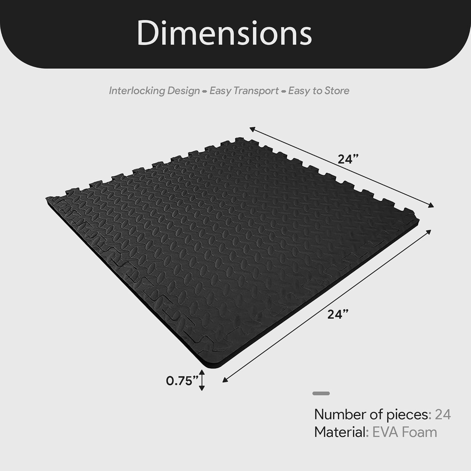 BalanceFrom Puzzle Exercise Mat 3/4' Thick, EVA Interlocking Foam Floor Tiles for Home Gym, Mat for Home Workout Equipment, Floor Padding for Kids, Black, 24 in x 24 in x 3/4 in, 96 Sq Ft - 24 Tiles
