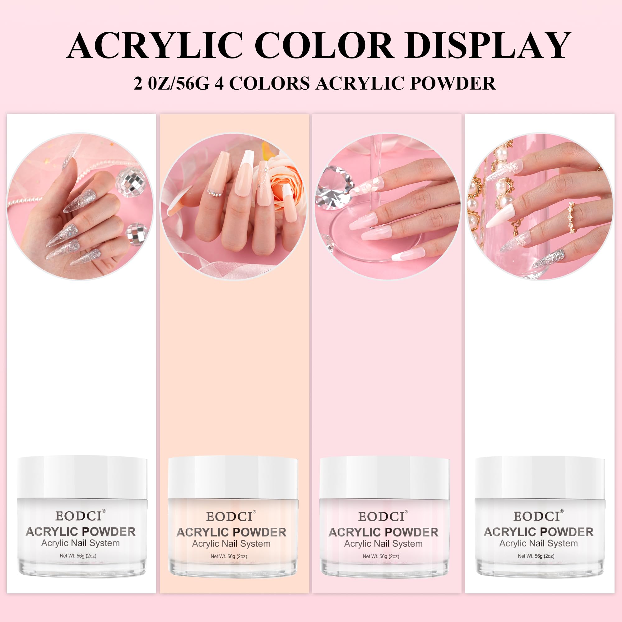 EODCI Set di unghie in acrilico, 2OZ, set di polveri acriliche professionali, 4 colori, trasparente, rosa nude, bianco, in polvere acrilica per unghie, set di unghie in acrilico, per l'estensione
