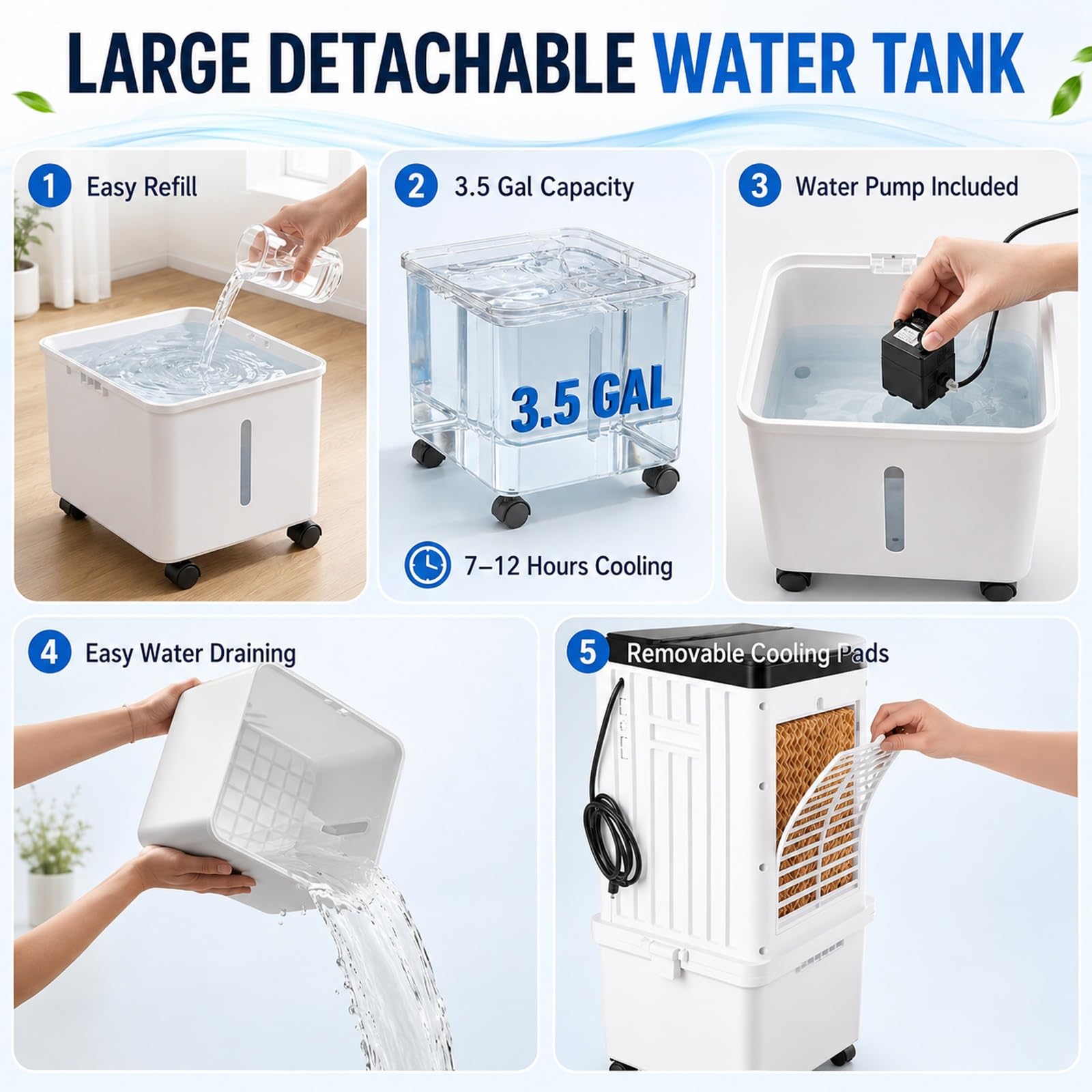 Aire Acondicionado Portátil/Enfriador Evaporativo, 3 Velocidades, Oscilación de 90°, Temporizador de 7,5 H, Control Remoto, para Oficina en Casa o Dormitorio