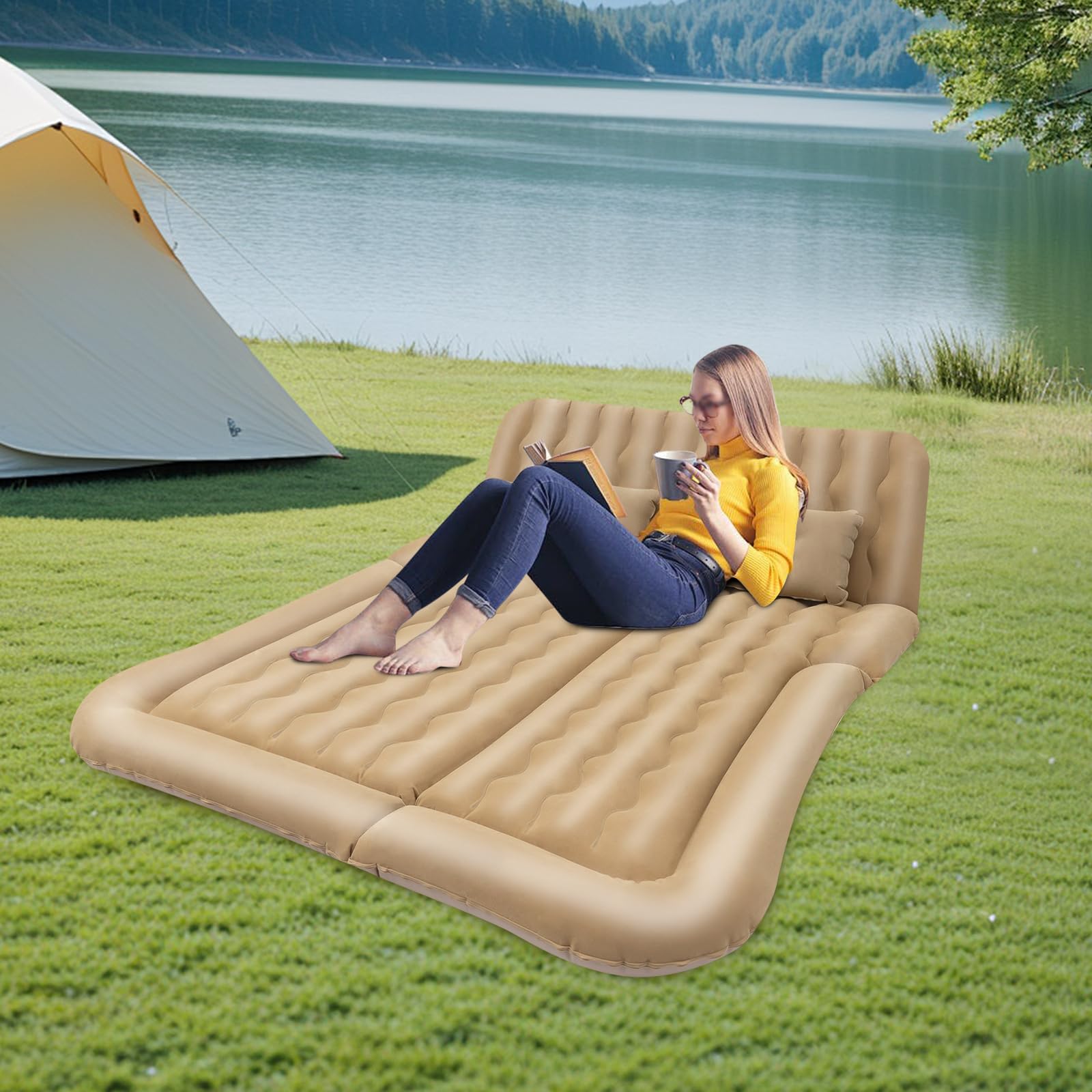 Materasso ad aria per auto, SUV e campeggio, con pompa e 2 cuscini, autogonfiabile, portata: 250 kg, per viaggi, campeggio, attività all'aperto, 174 x 126 cm (beige)