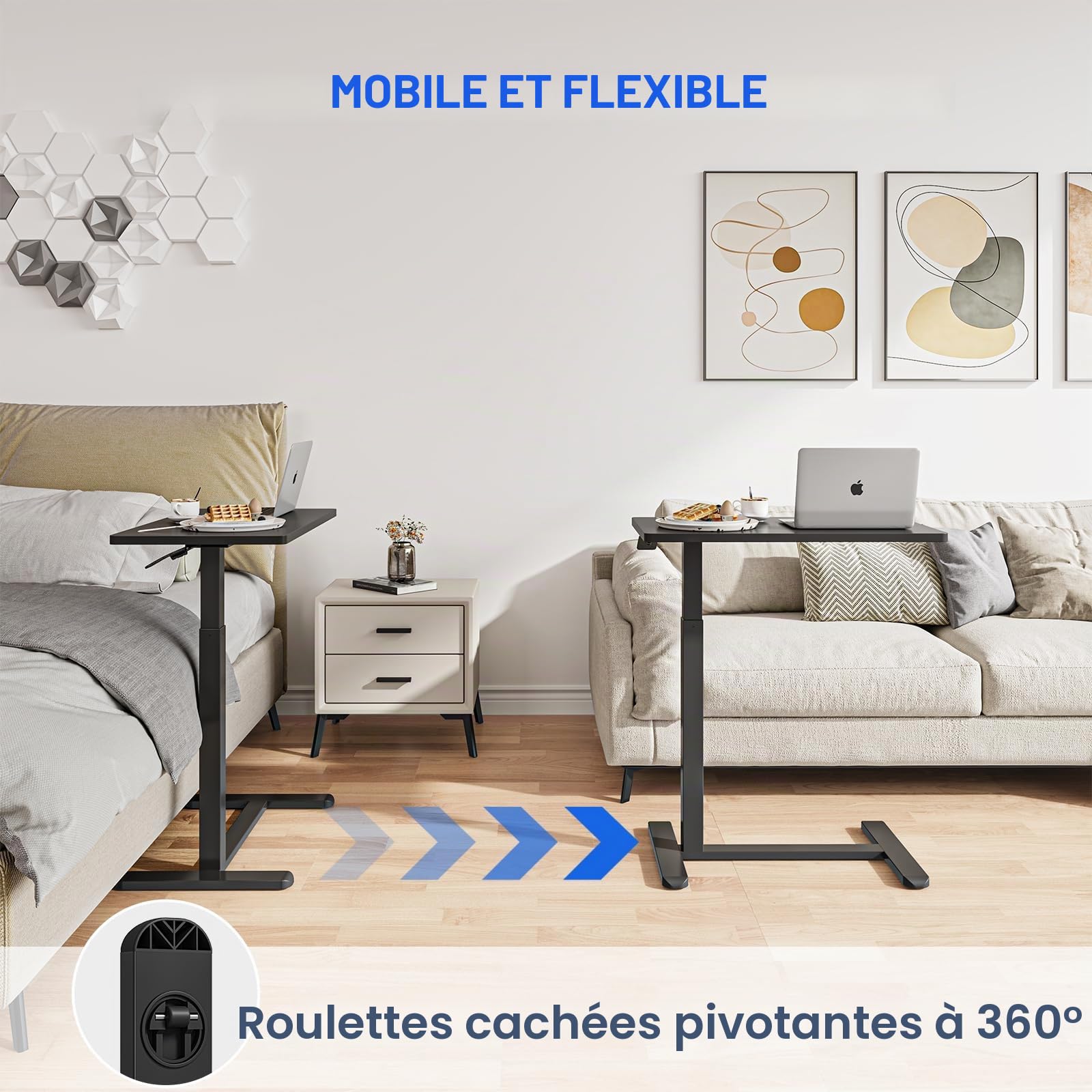 Dripex Table d'appoint avec roulettes Hauteur réglable pour Ordinateur Portable, Bureau en Bois, canapé, Table de Nuit, café pour Chambre, Salon Noir