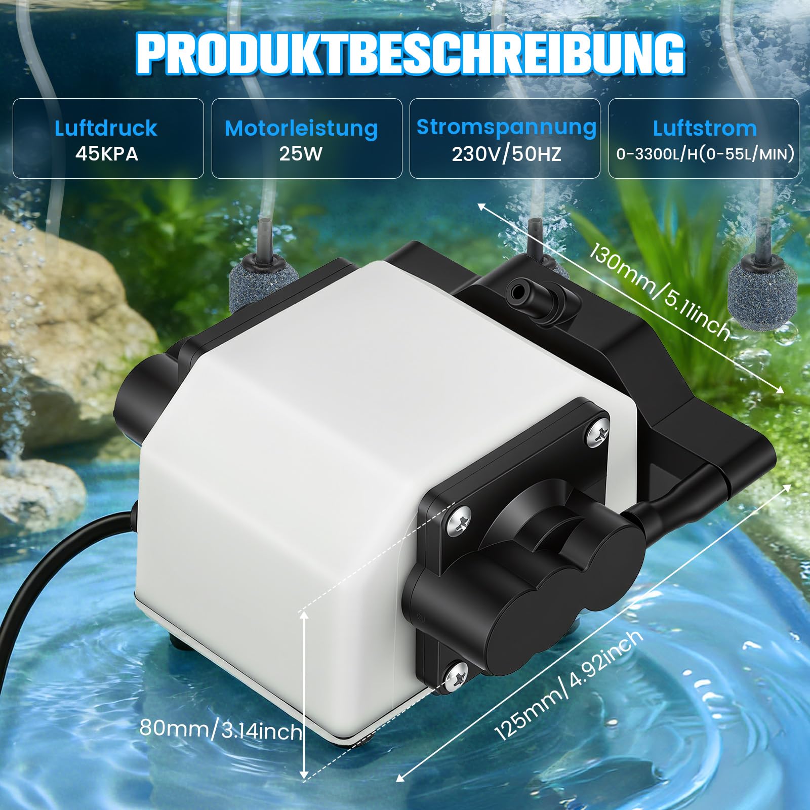 25W Pompa per Acquario con 6 Uscite, Aeratore Acquario Silenzioso fino a 3300L/H, Ossigenatore per Acquario Regolabile per Grandi Acquari, Laghetti da Giardino e Idrocoltura, Pompa Aria Potente