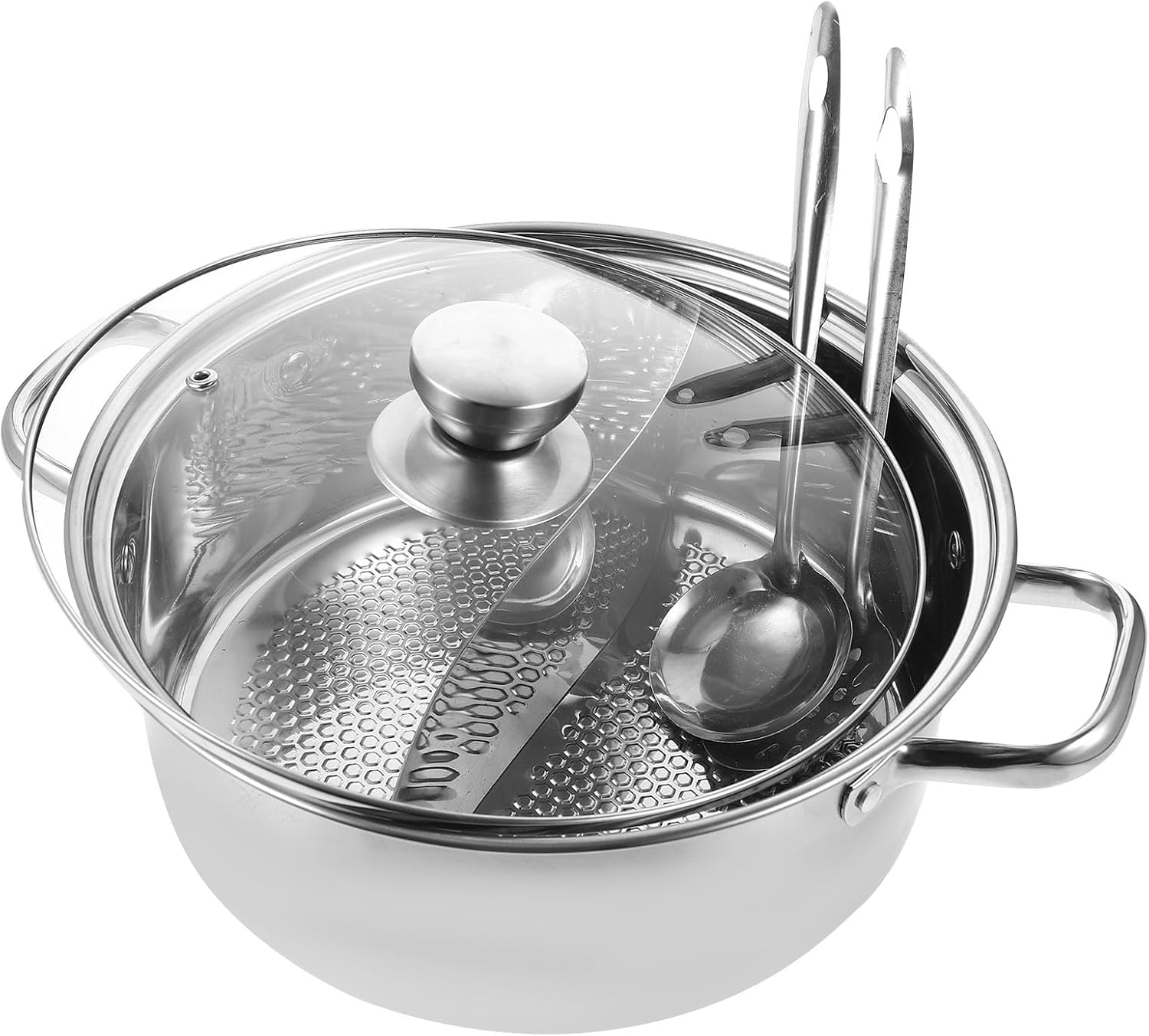 Zerodeko 304 Stainless Steel 28cm Dual Hot Pot Stockpot with Lid and Handles, Gas Cooker Compatible Binaural Soup Cooking Pot for Household Kitchen Use