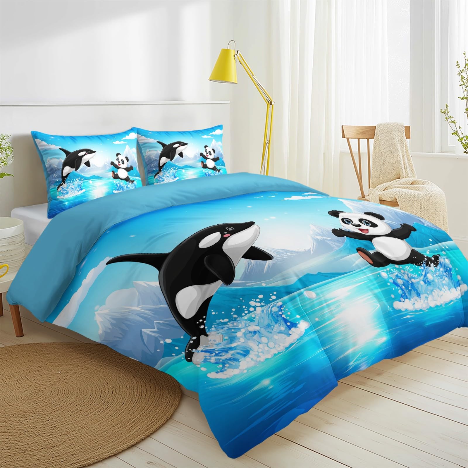 Generisch Cartoon Fun pościel 220 x 240 cm, przygoda, natura, krajobraz, panda, wieloryb, zestaw pościeli z mikrofibry, z zamkiem błyskawicznym, zawiera 1 poszewkę na kołdrę i 2 poszewki na poduszkę