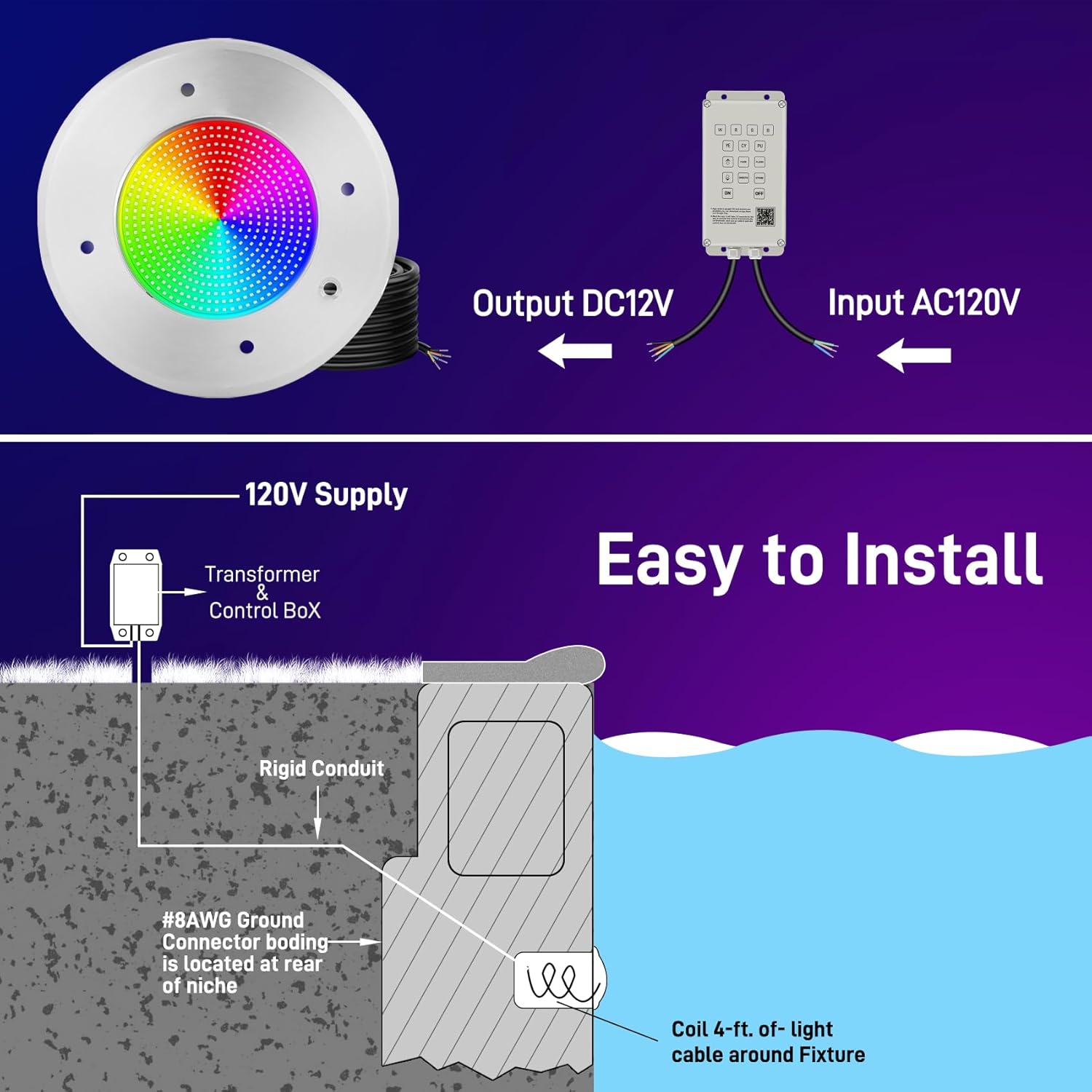 6 Inch Spa Lights for Inground Pool Led, 120V 35W Pool Spa Lights with 50FT Cord, IP68 Waterproof Pool Underwater Light for 6" Wet Niches with 3 Control Way