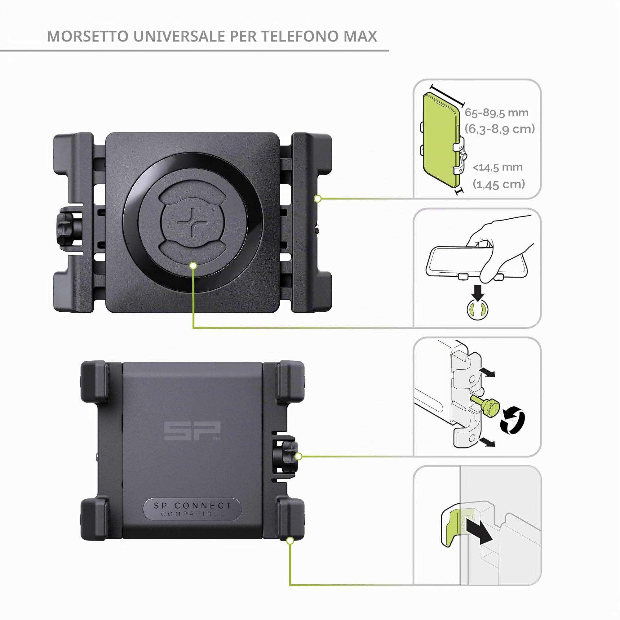 SP CONNECT Supporto Universale per Cellulare da Motociclette e Motorini - Forte Presa a Morsetto - Supporto per Dispositivi Larghi 58-85mm, Adatto a Manubri Standard e Grandi - Accessori Motociclismo