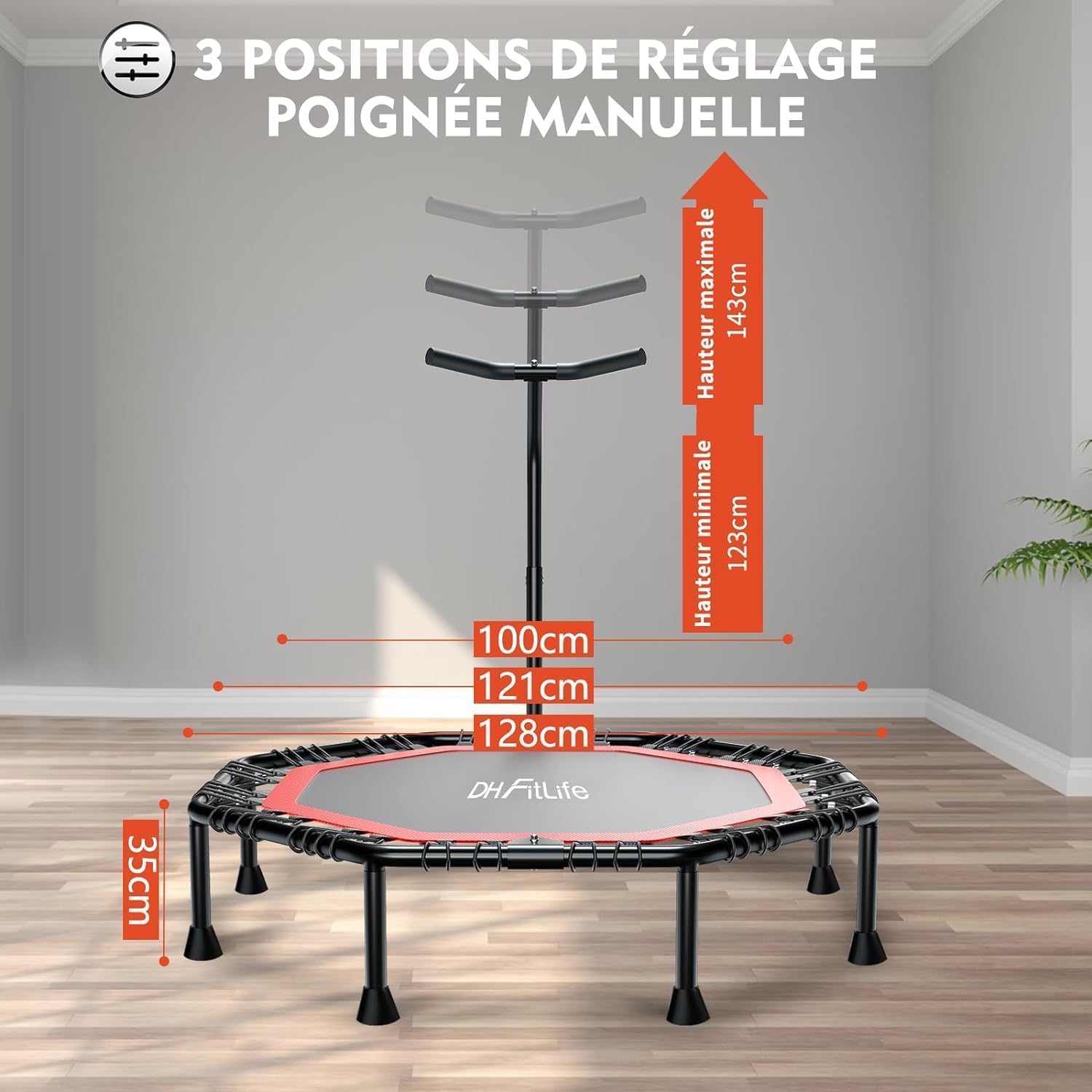 DH FitLife Trampoline de fitness pliable silencieux avec corde en caoutchouc sans installation | 50 pouces 128 cm Trampoline pour l'intérieur et l'extérieur Jumping | avec 3 niveaux de poignée