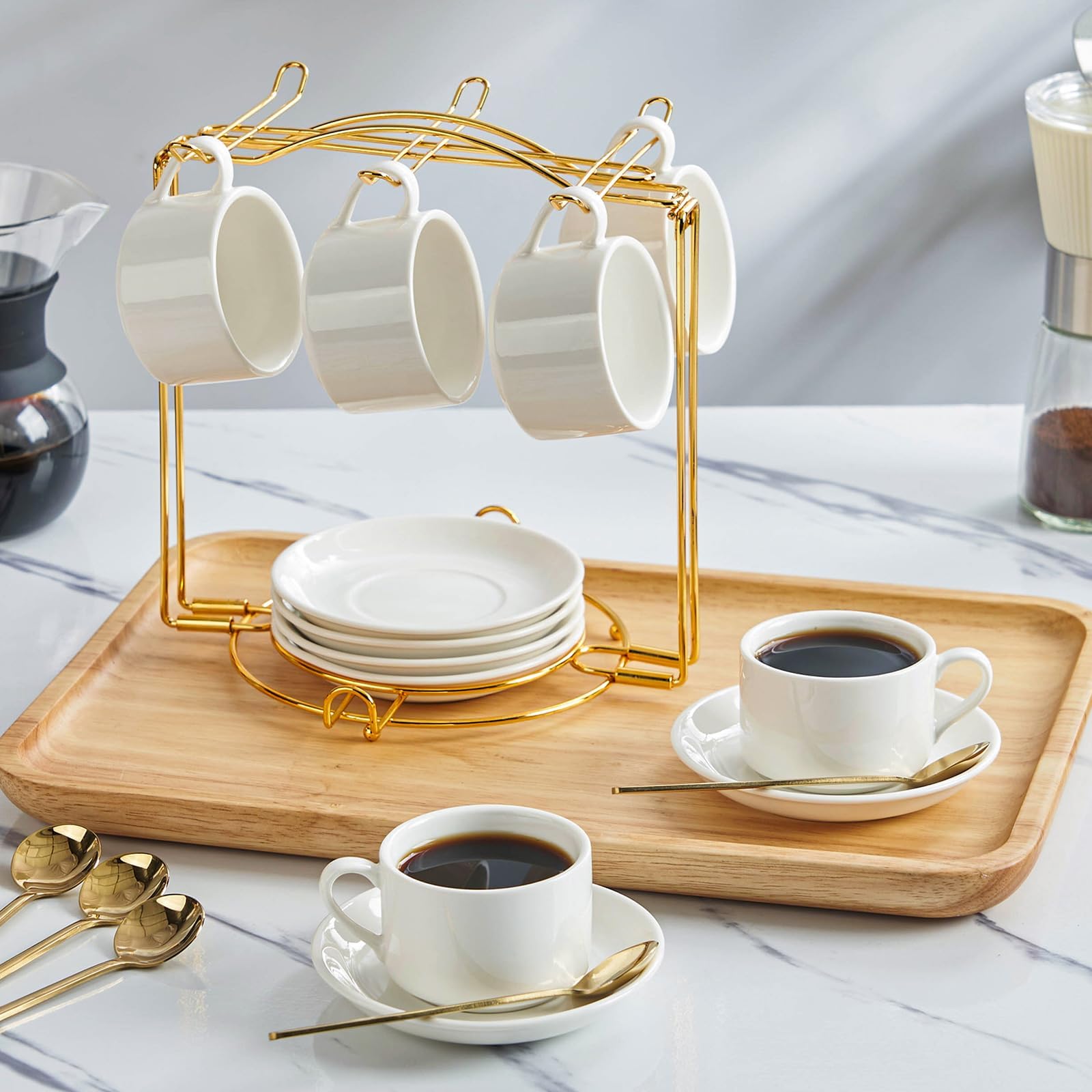 YOLIFE Espressotassen mit Untertassen, 70 ml, 6 Stück, mit goldfarbenem Metallständer | Kaffee stapelbare Espressotassen, Keramik Expresso Shots Tasse mit Ständer & Untertassen, Weiß