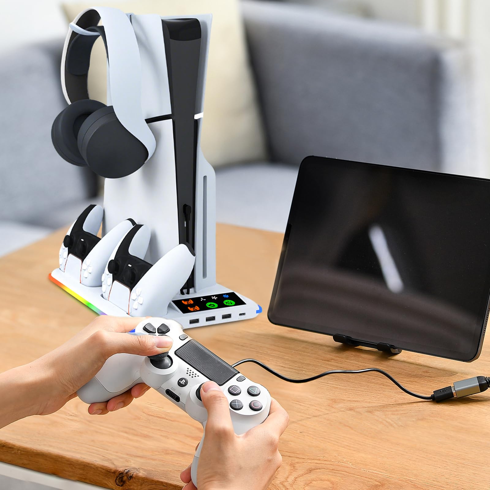 Vertical Stand for Playstation 5 Slim and Playstation 5 Pro, RGB LED Video Games, Accessories, Stand for PS5 Console, Disc and Digital Edition, Vertical Stand, Accessories with Screw and
