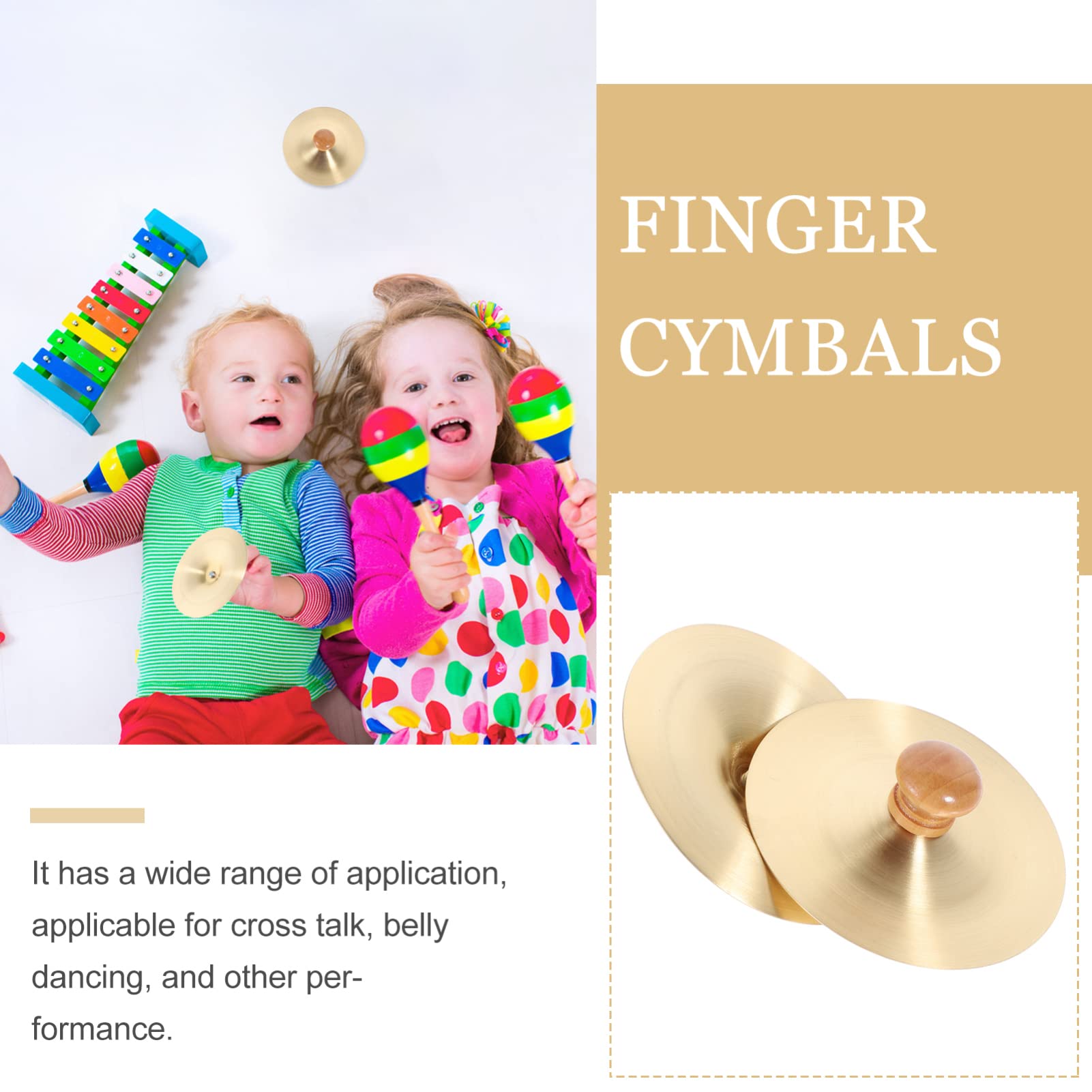 Vaguelly Leise Becken Fingerzimbeln mit Holzgriffe, 1 Paar Kupfer Mini Finger Becken Handbecken Bauchtanz Finger Cymbal, Orff Musik Instrument für Erwachsene, Kinder, 9cm Hand Becken